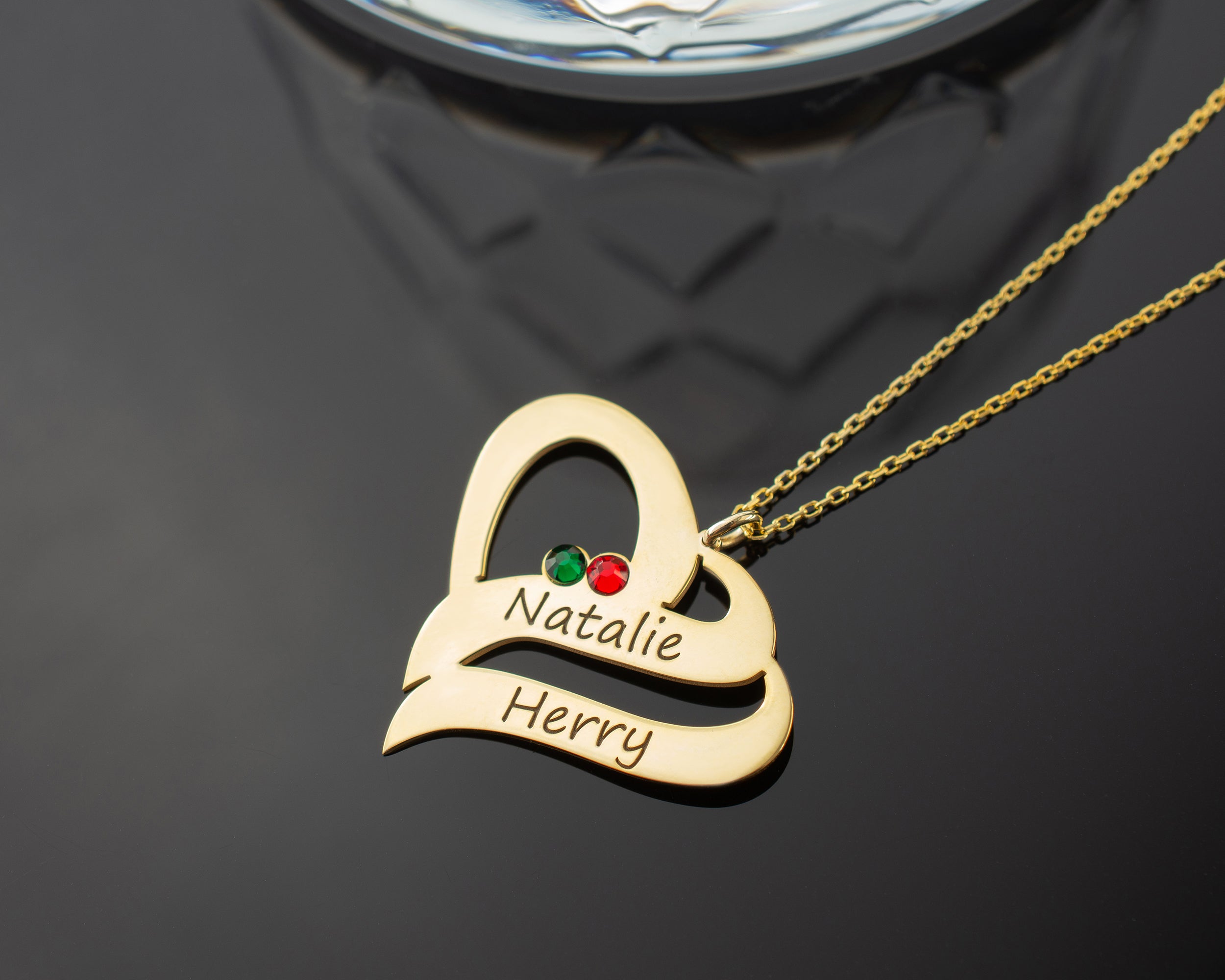 Engraved Double Heart Birthstone Necklace