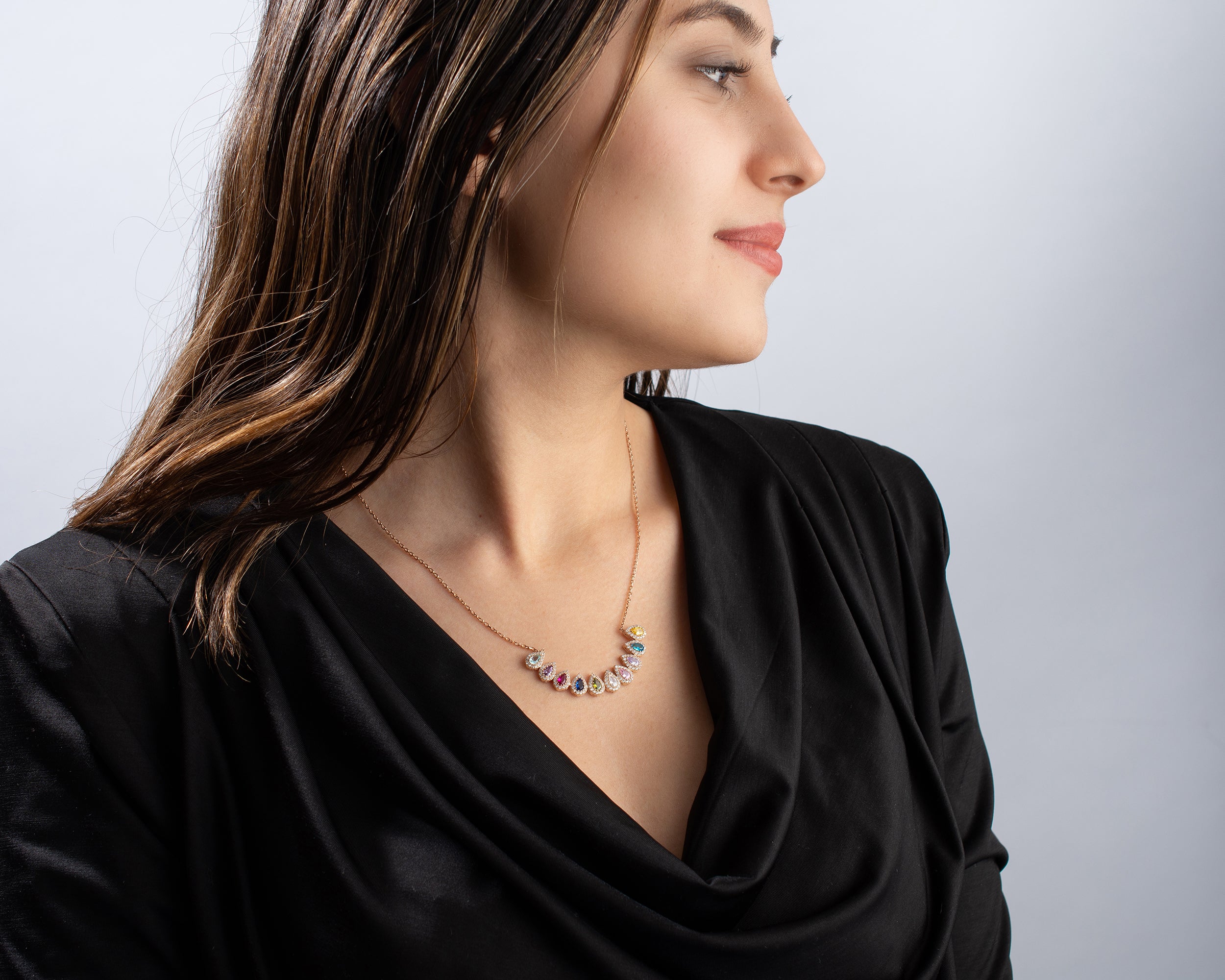 Family Birthstone Curved Bar Necklace
