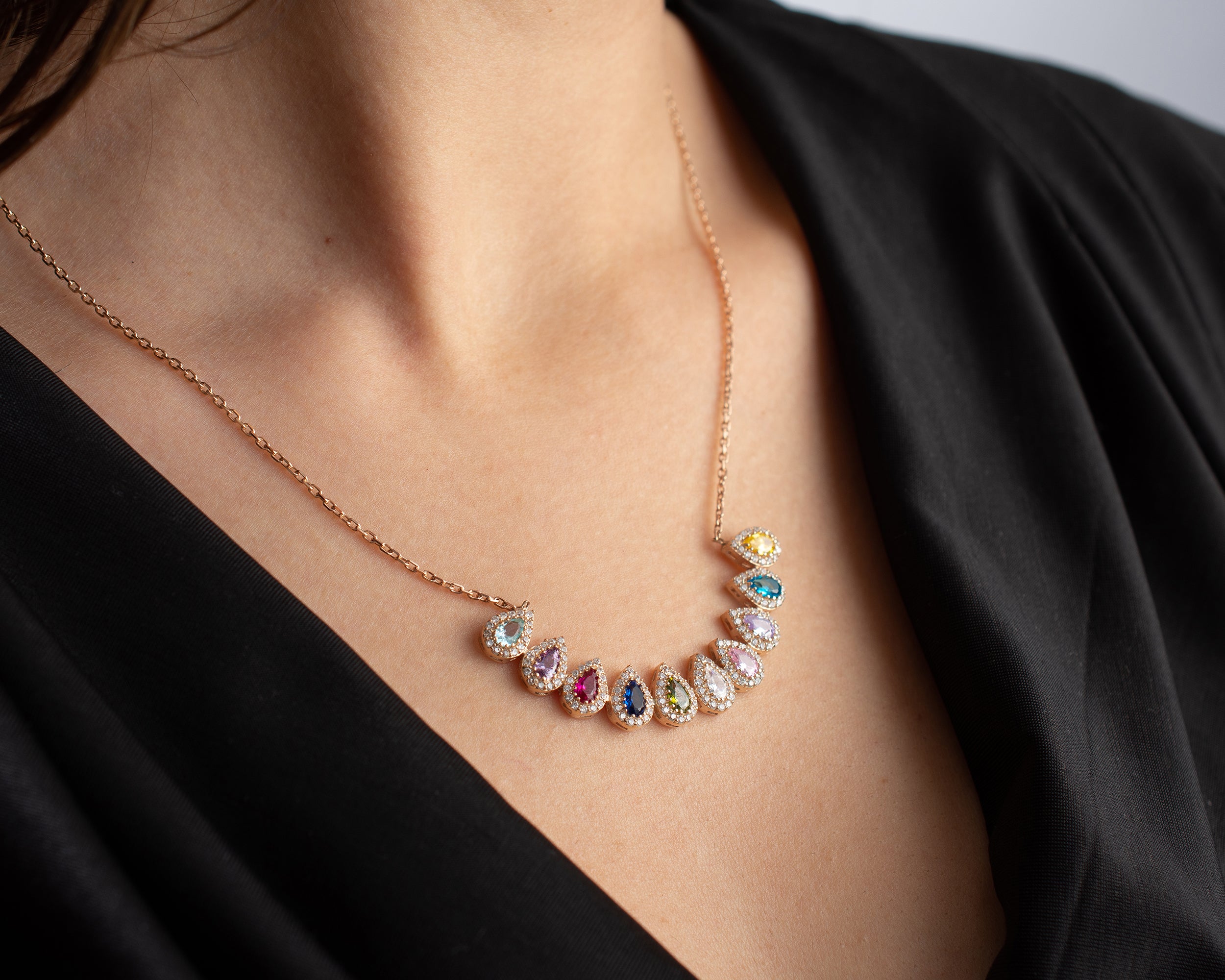 Family Birthstone Curved Bar Necklace