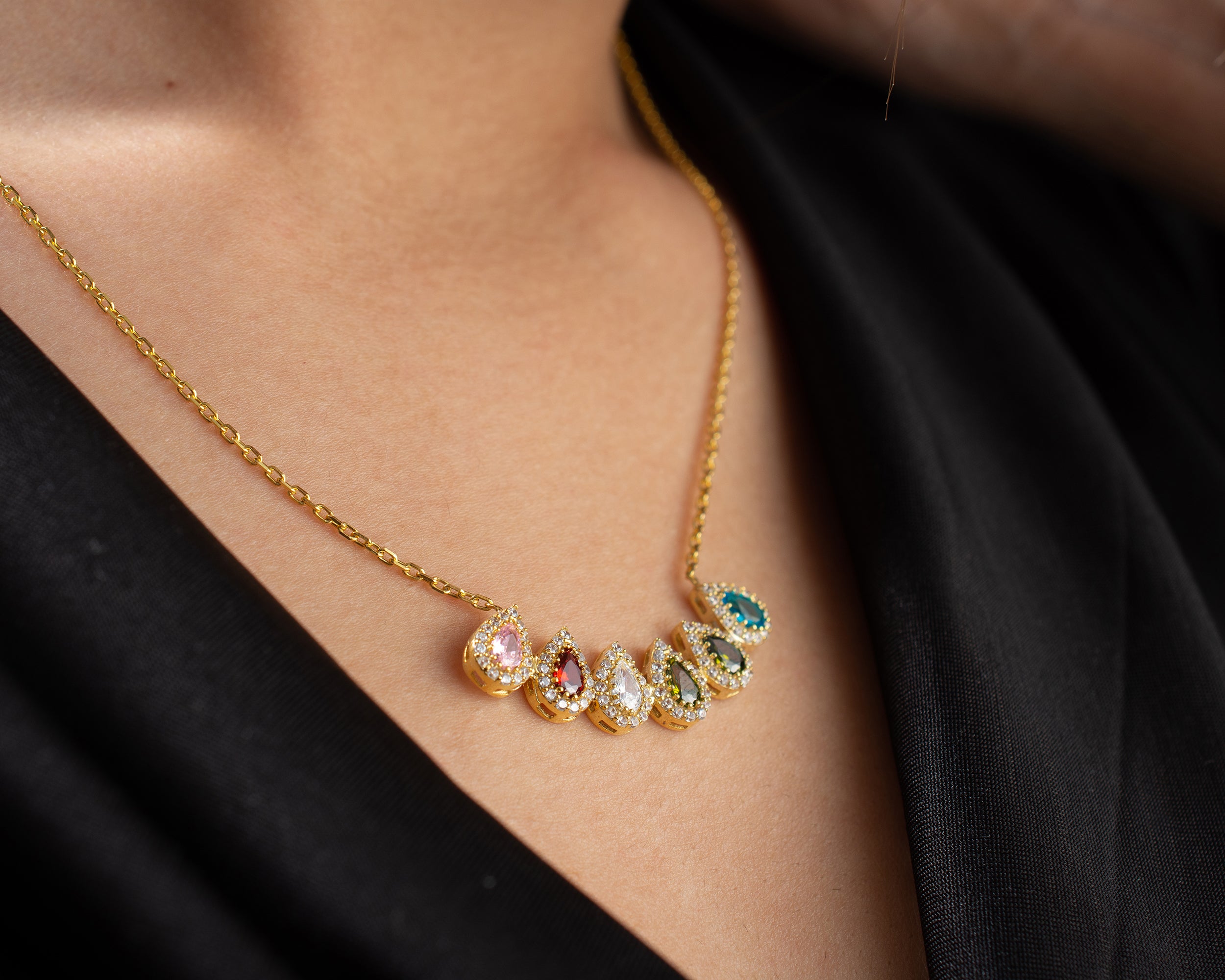 Family Birthstone Curved Bar Necklace