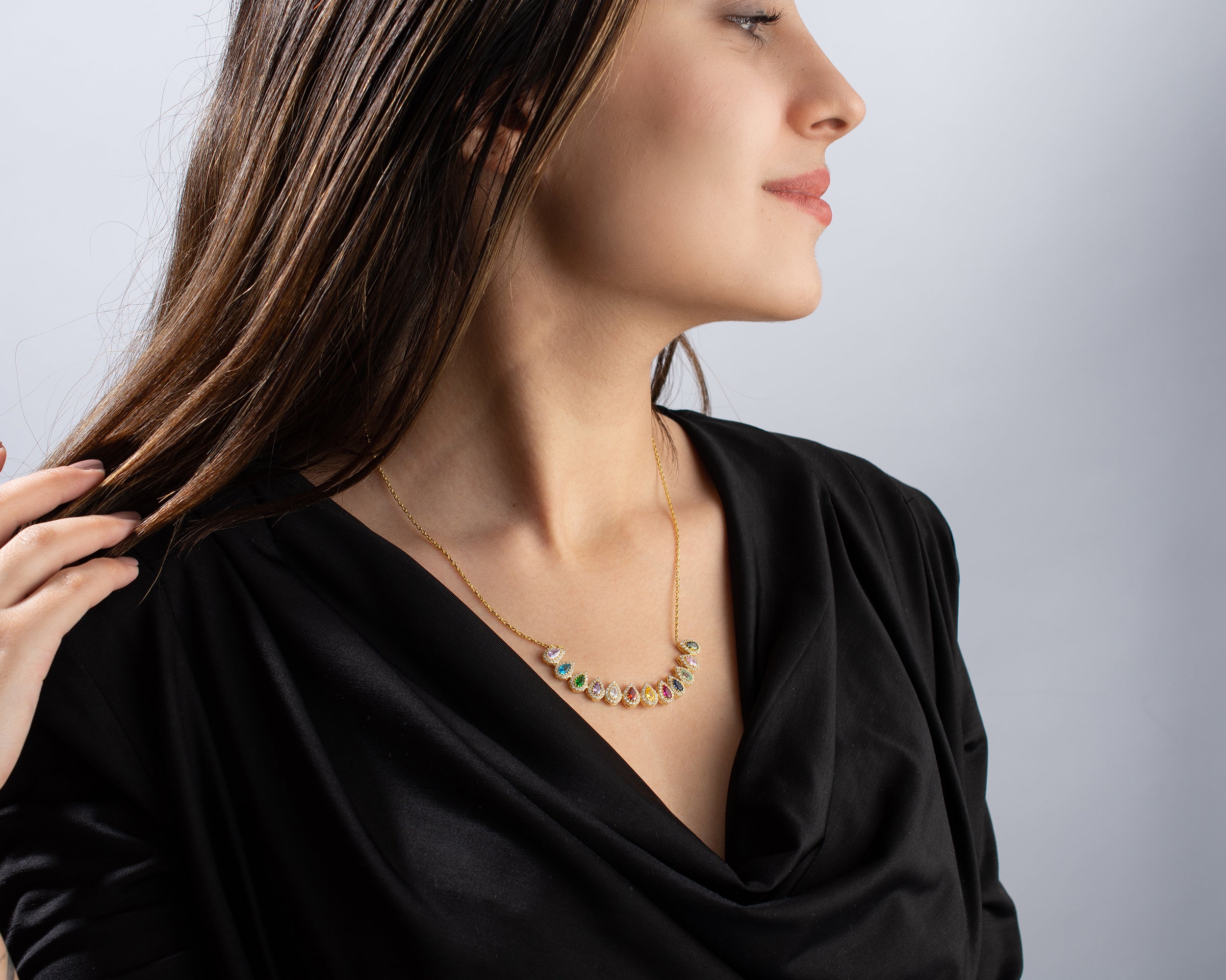 Family Birthstone Curved Bar Necklace