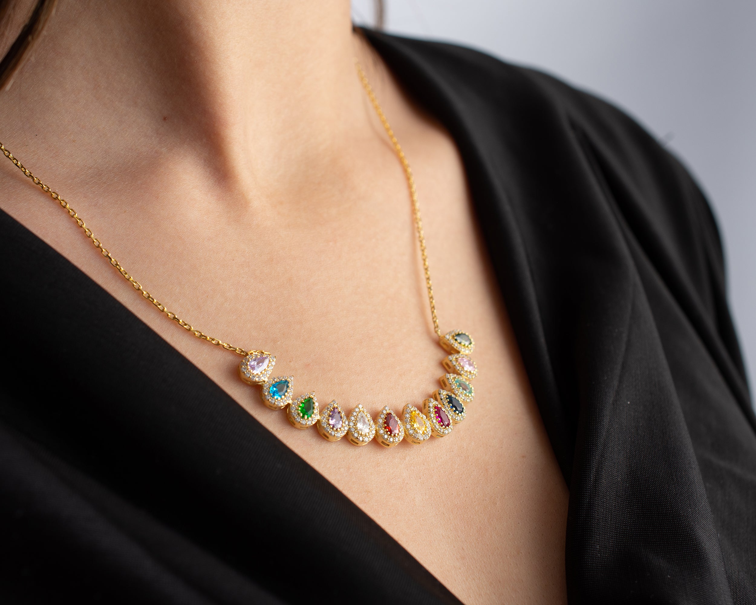 Family Birthstone Curved Bar Necklace