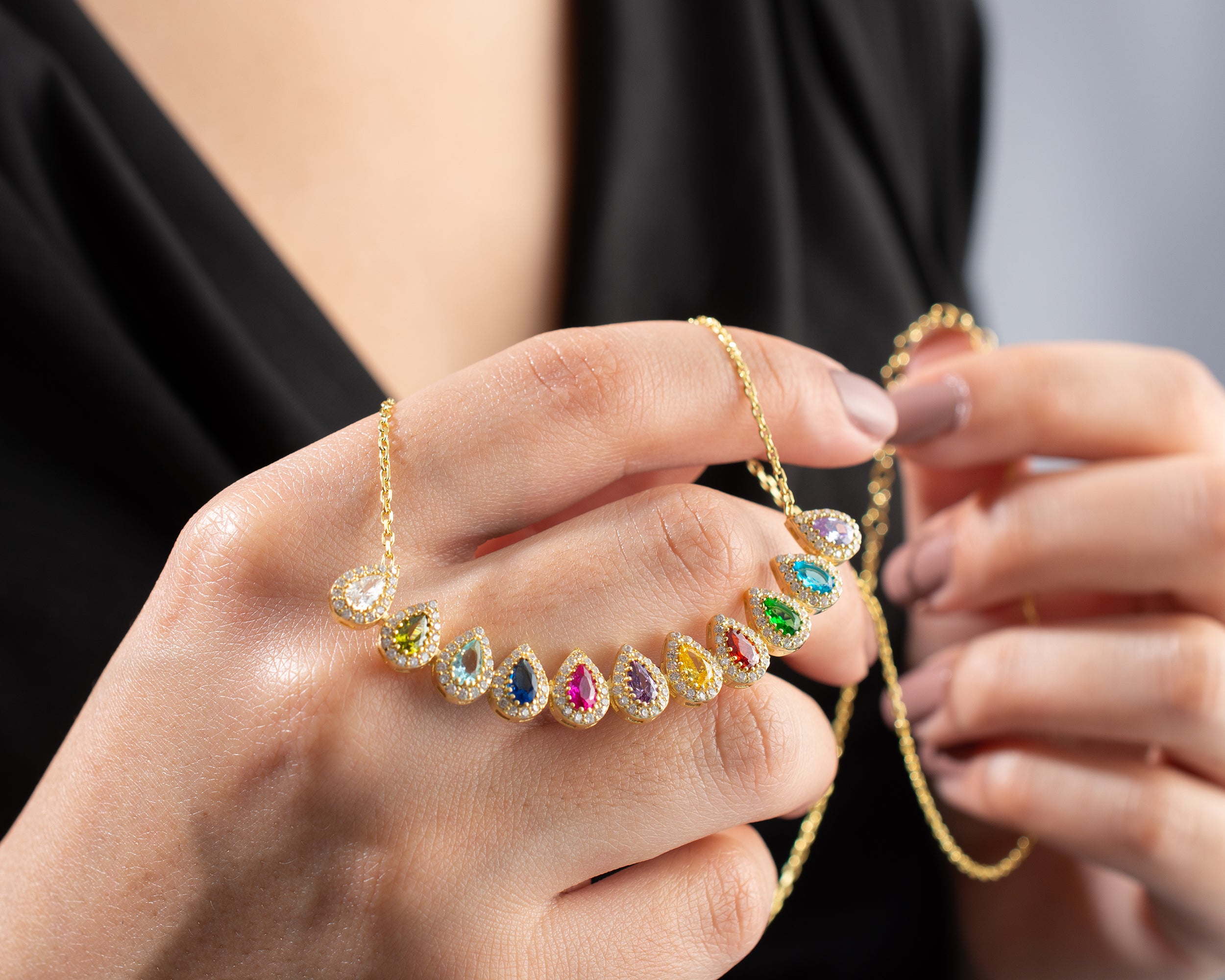 Family Birthstone Curved Bar Necklace