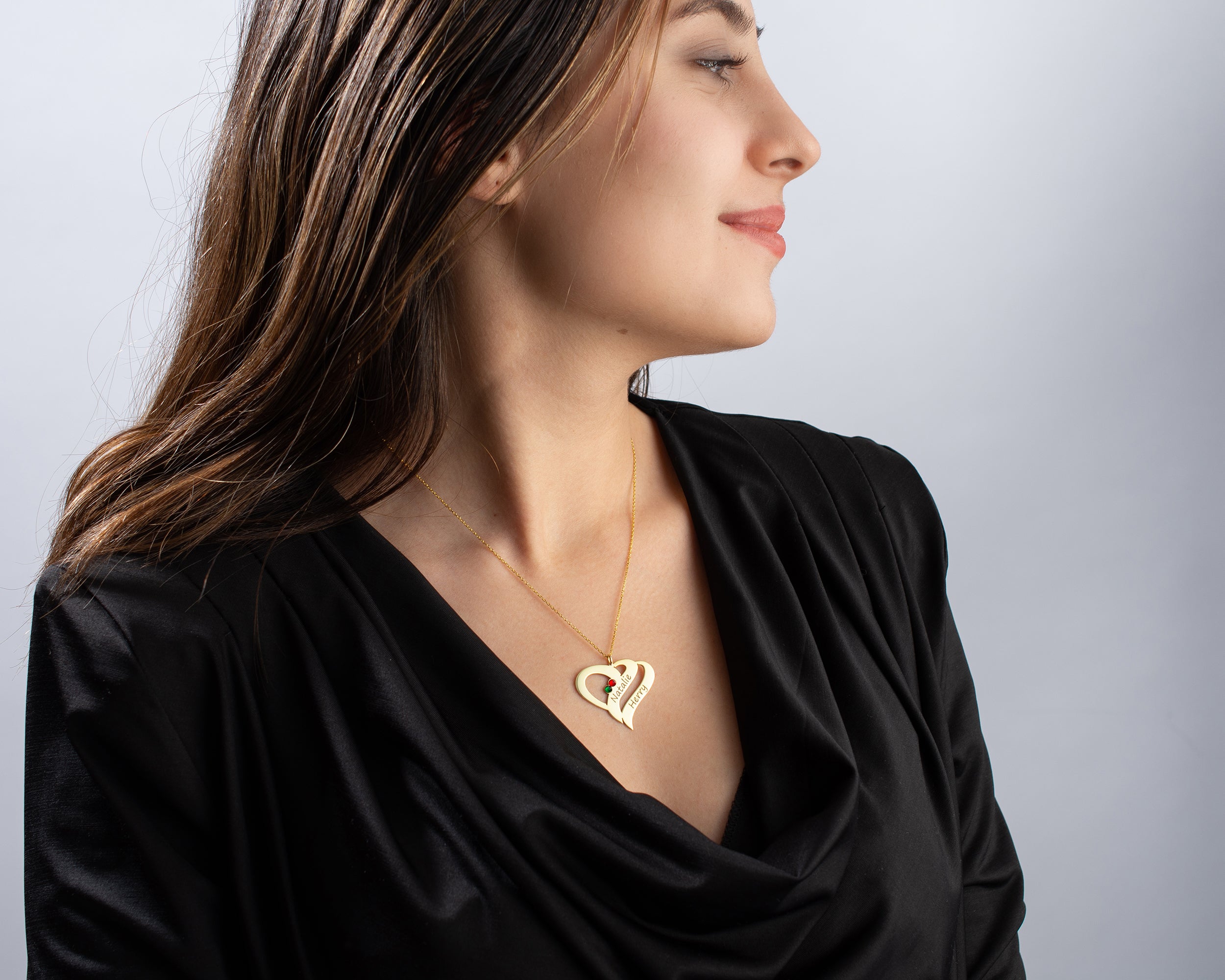 Engraved Double Heart Birthstone Necklace