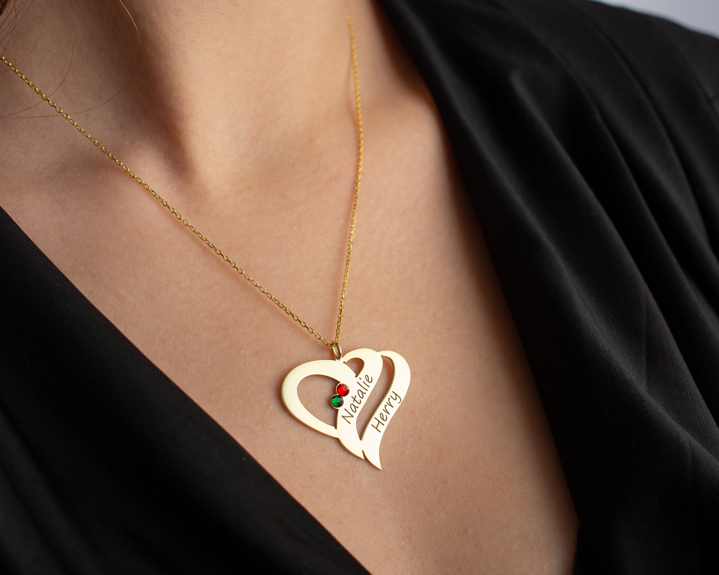 Engraved Double Heart Birthstone Necklace