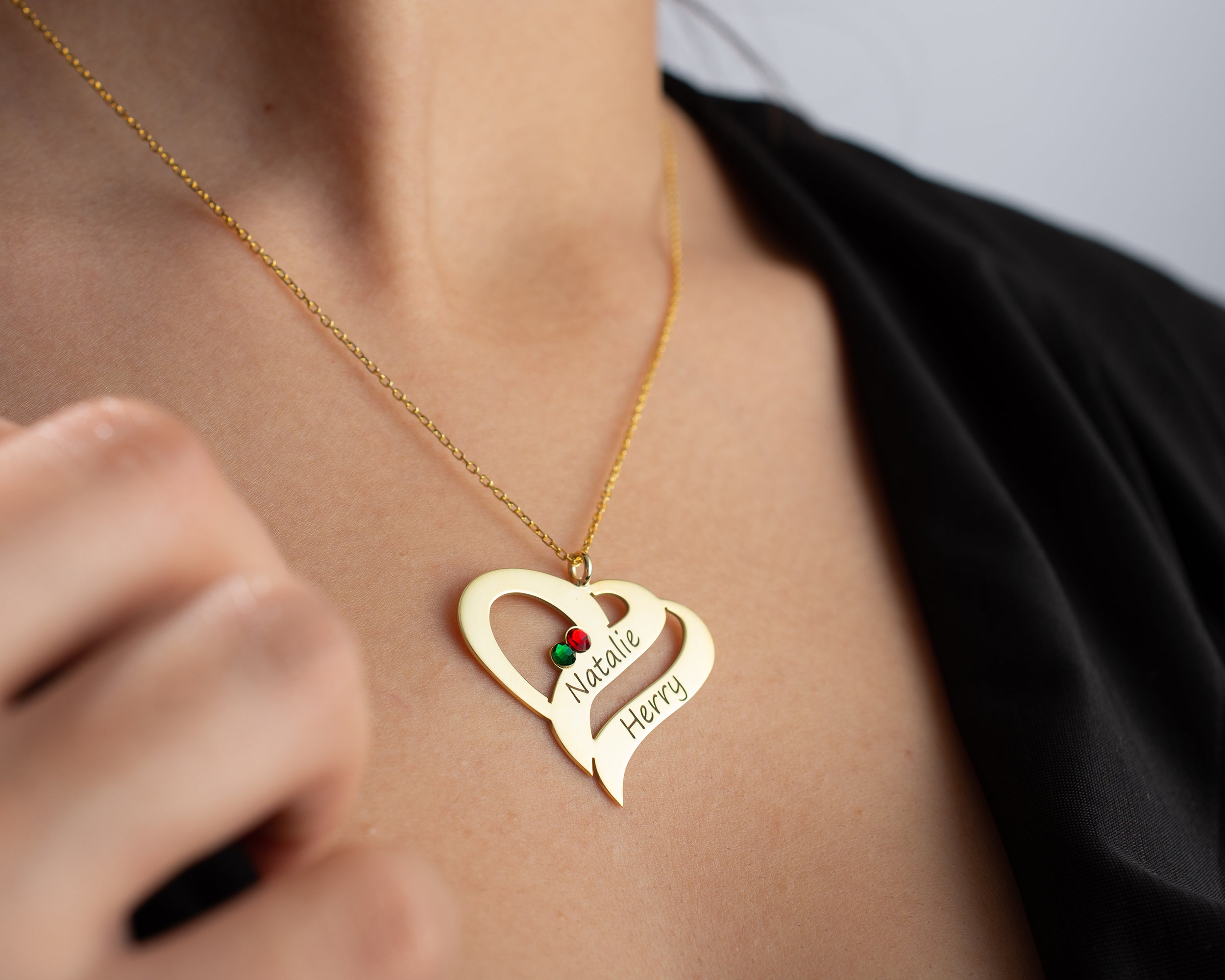 Engraved Double Heart Birthstone Necklace