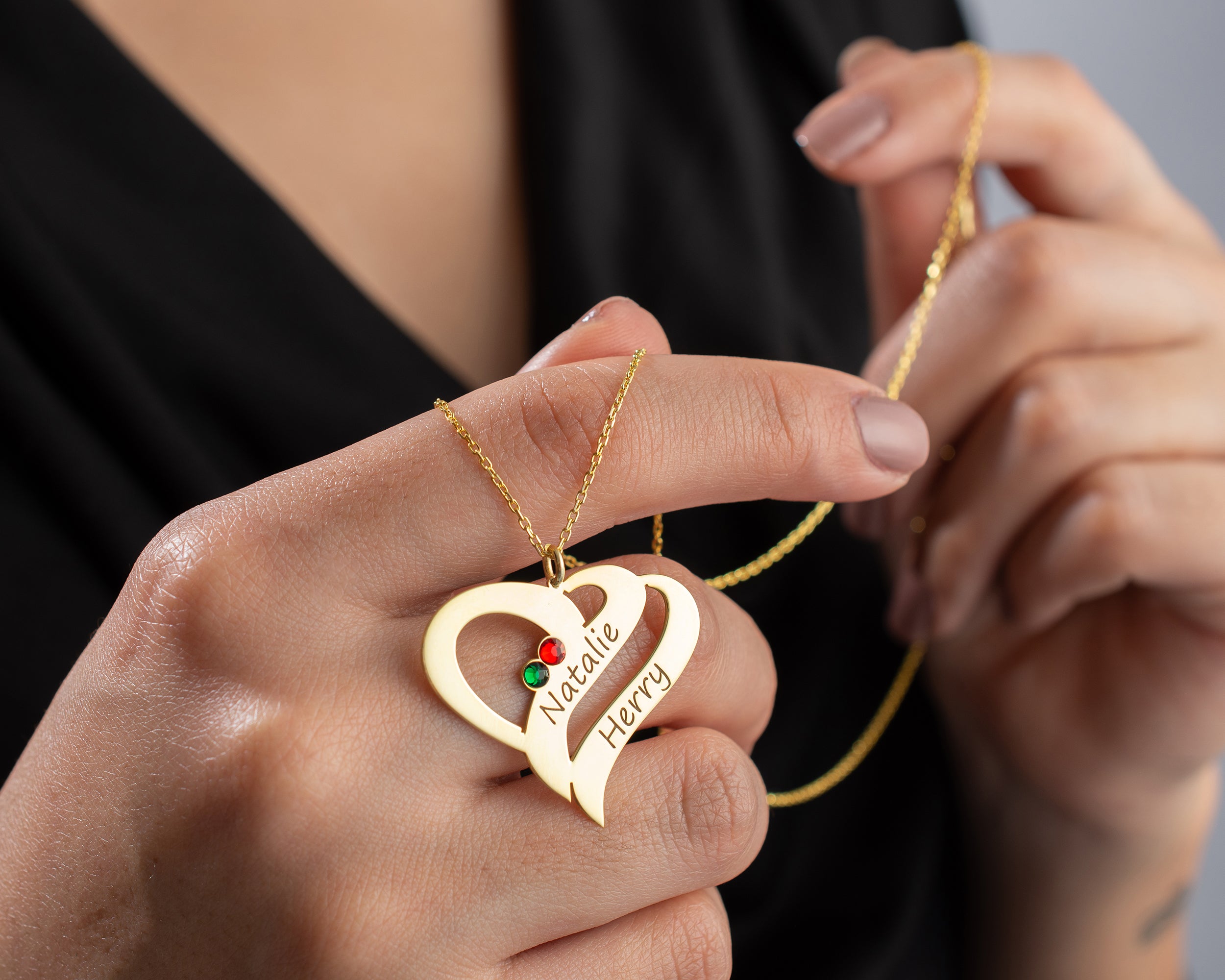 Engraved Double Heart Birthstone Necklace