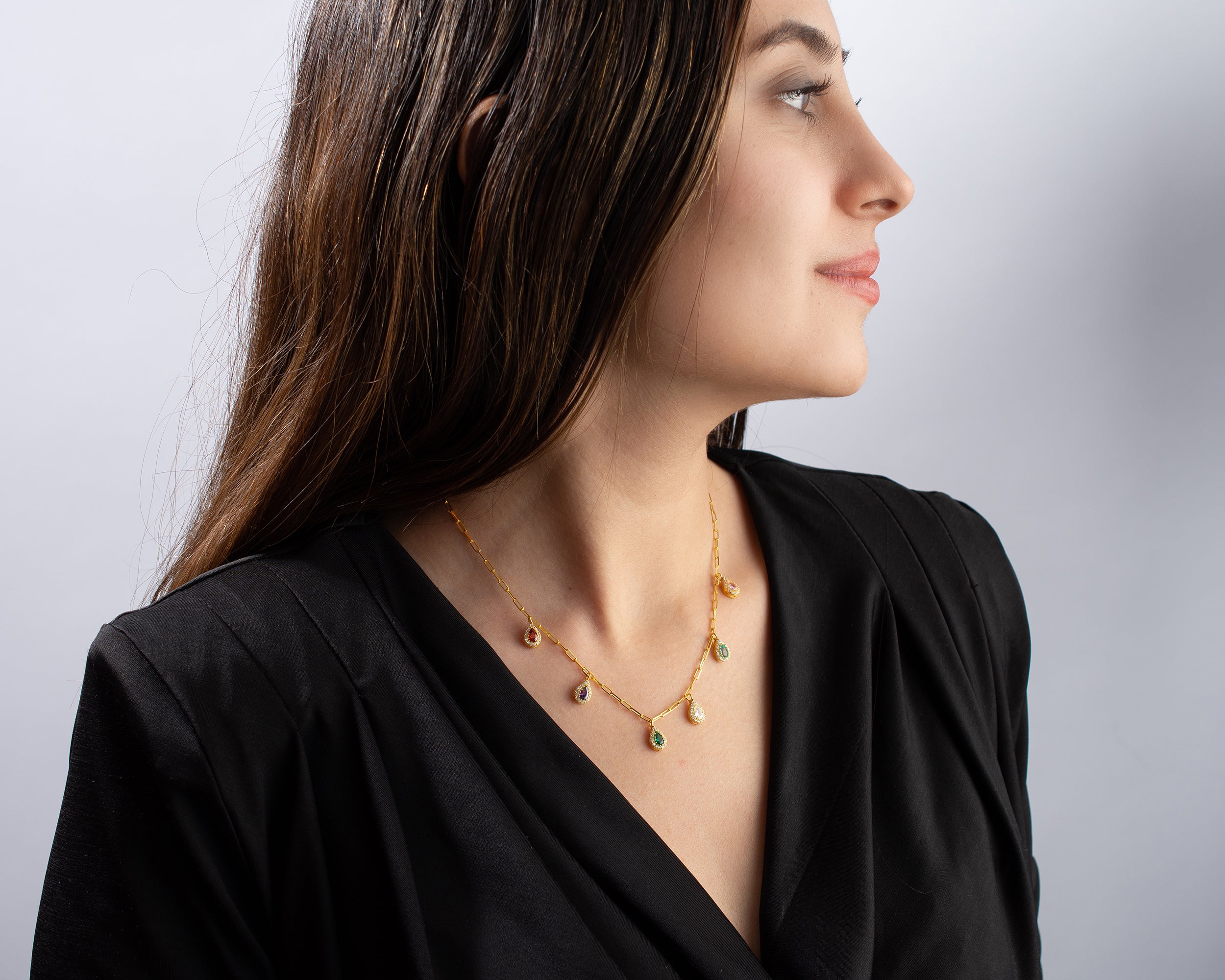 Multi Birthstone Teardrop Drop Necklace