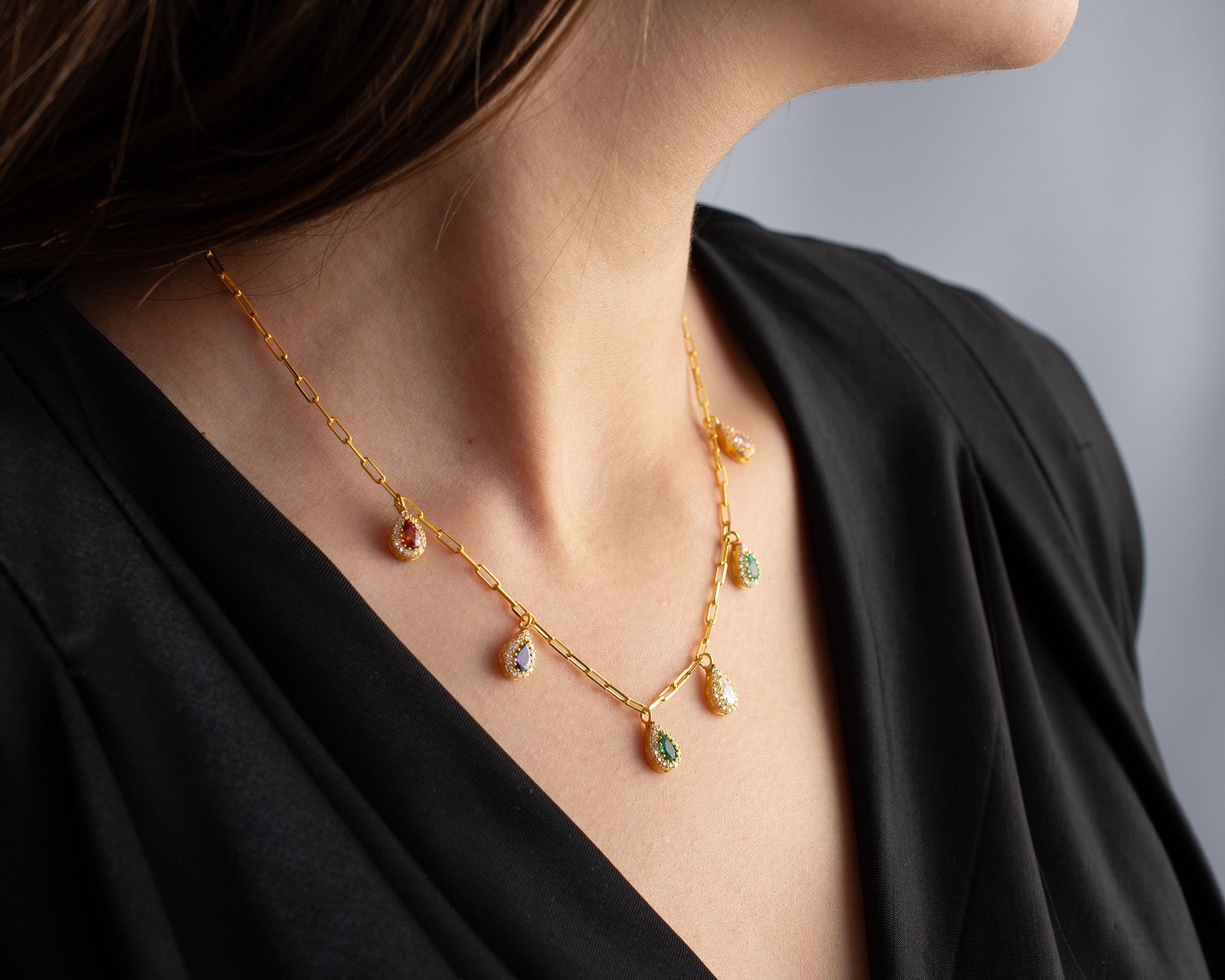 Multi Birthstone Teardrop Drop Necklace