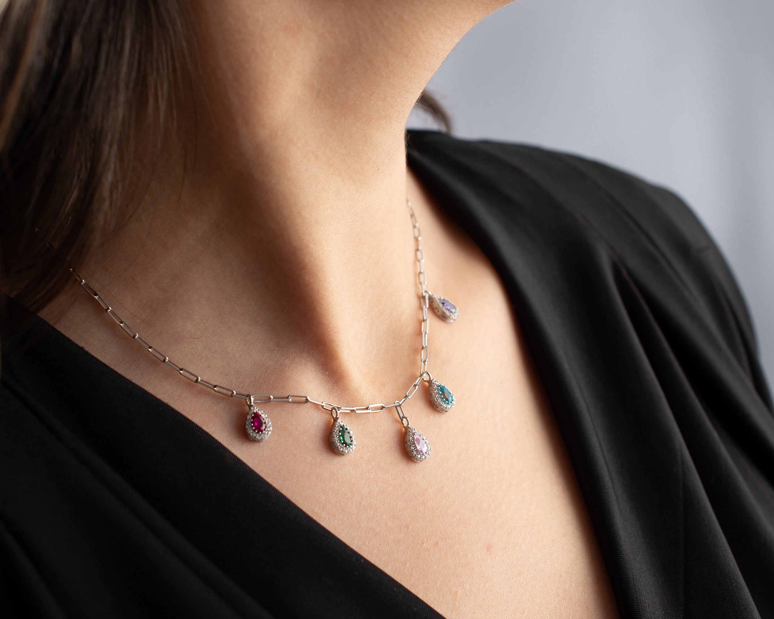 Multi Birthstone Teardrop Drop Necklace