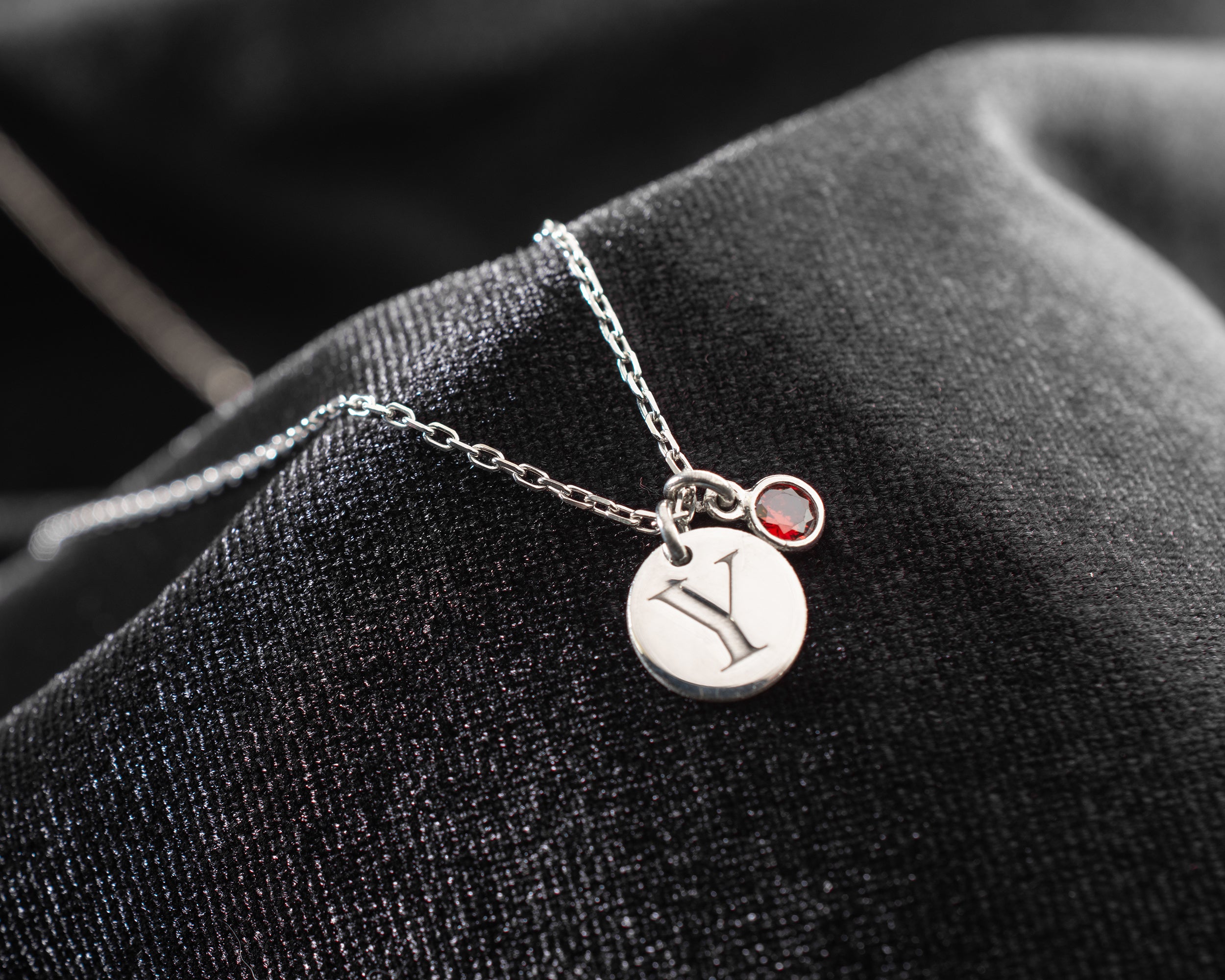 Initial Disc Necklace with Birthstone Charm