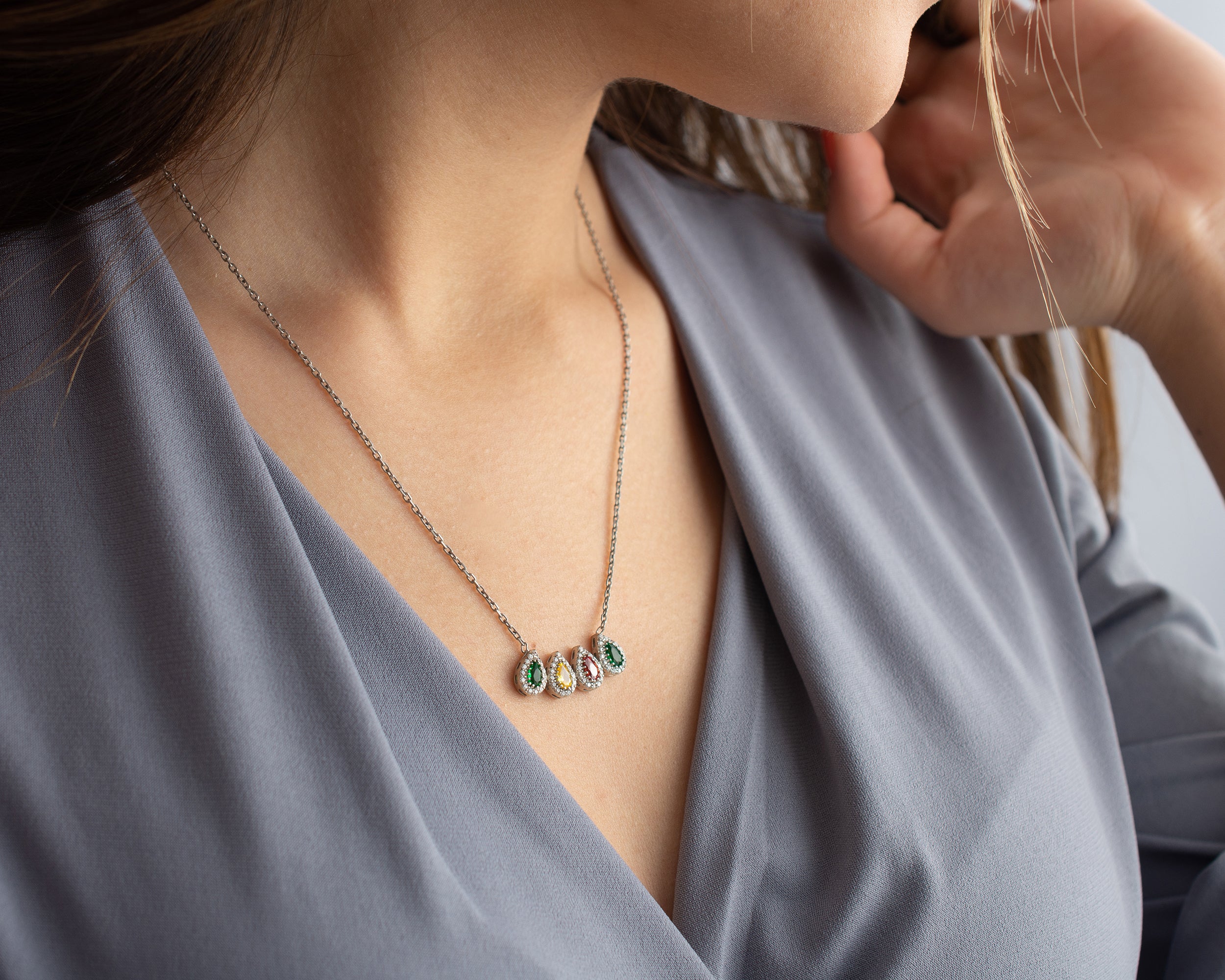 Family Birthstone Curved Bar Necklace