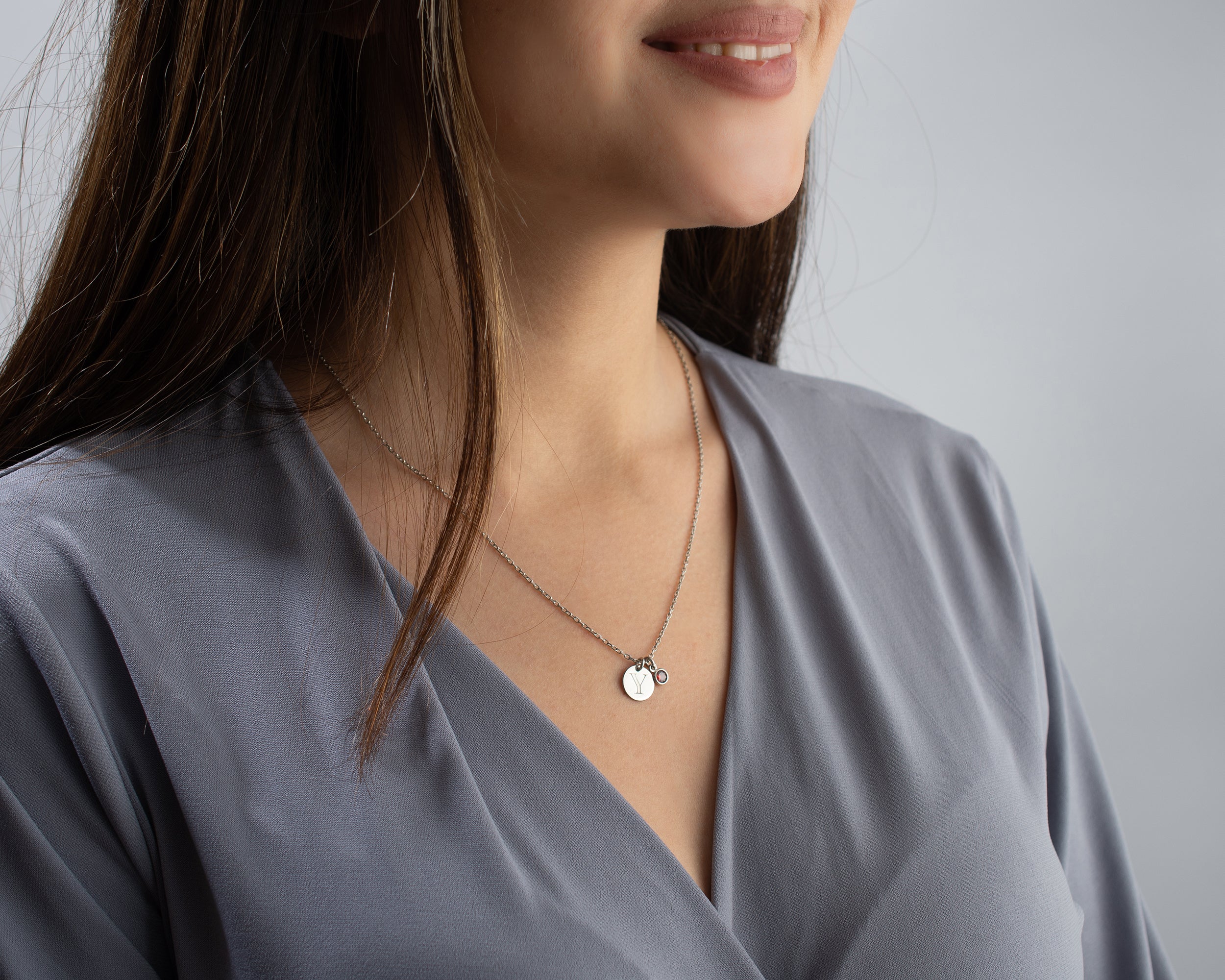 Initial Disc Necklace with Birthstone Charm