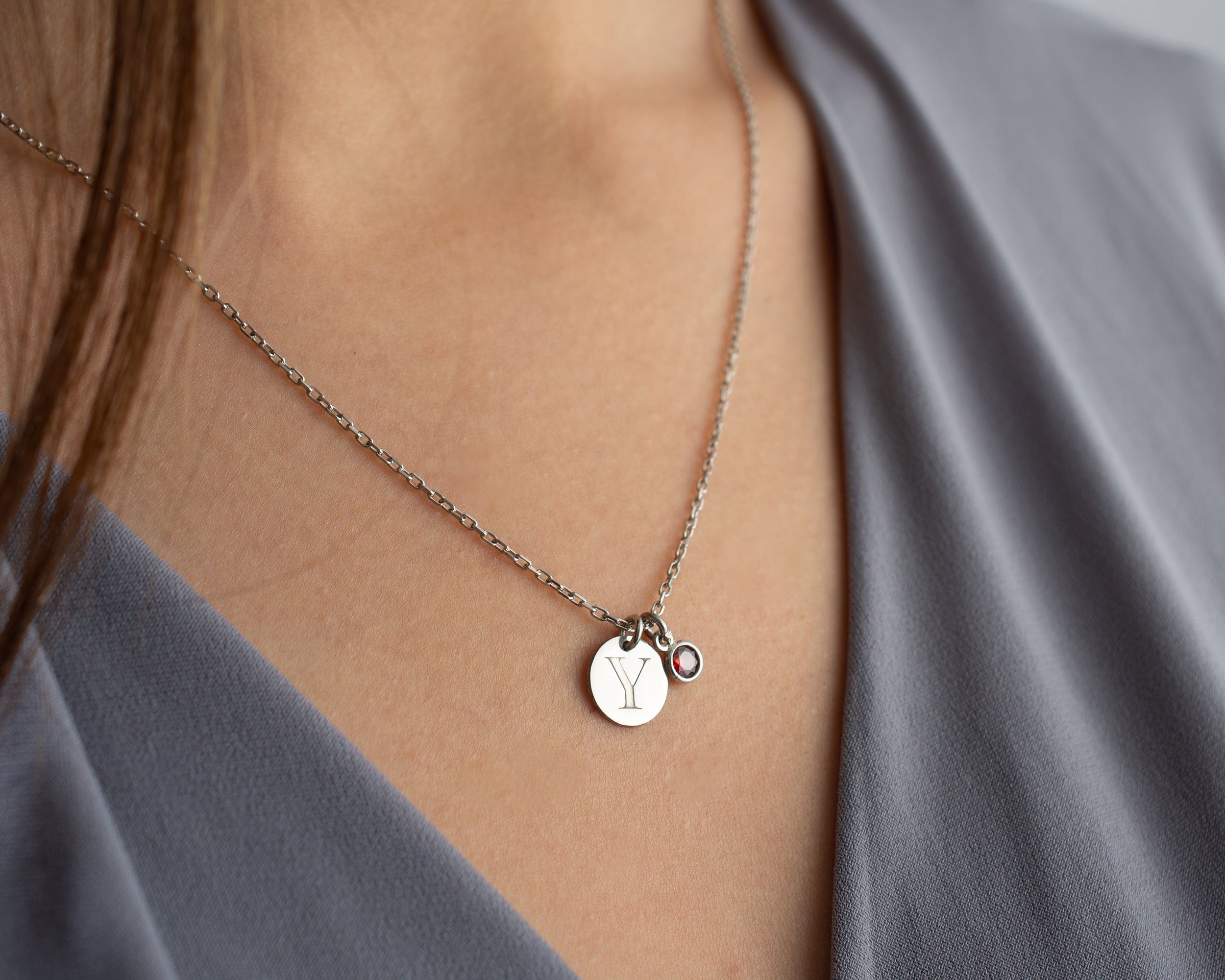 Initial Disc Necklace with Birthstone Charm