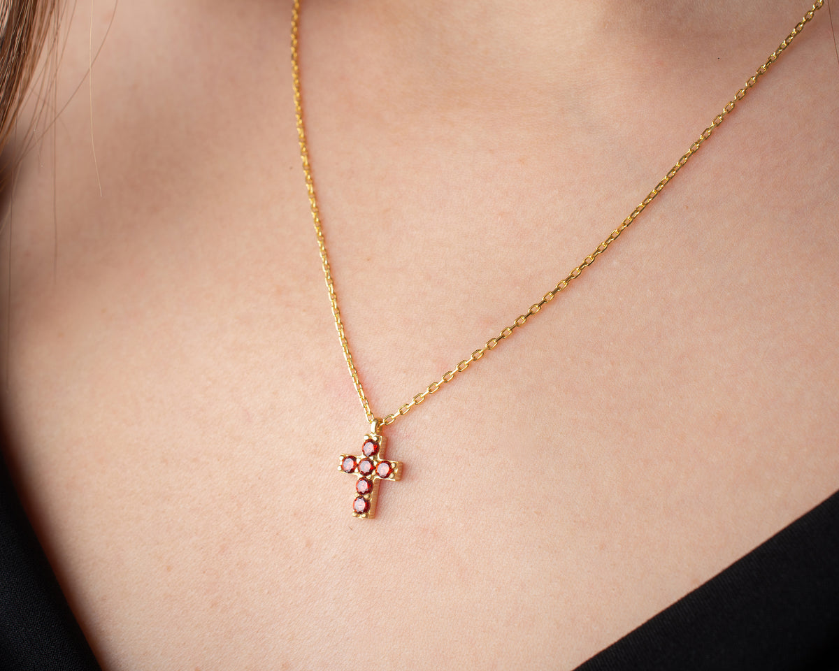 Delicate Pave Birthstone Cross Necklace