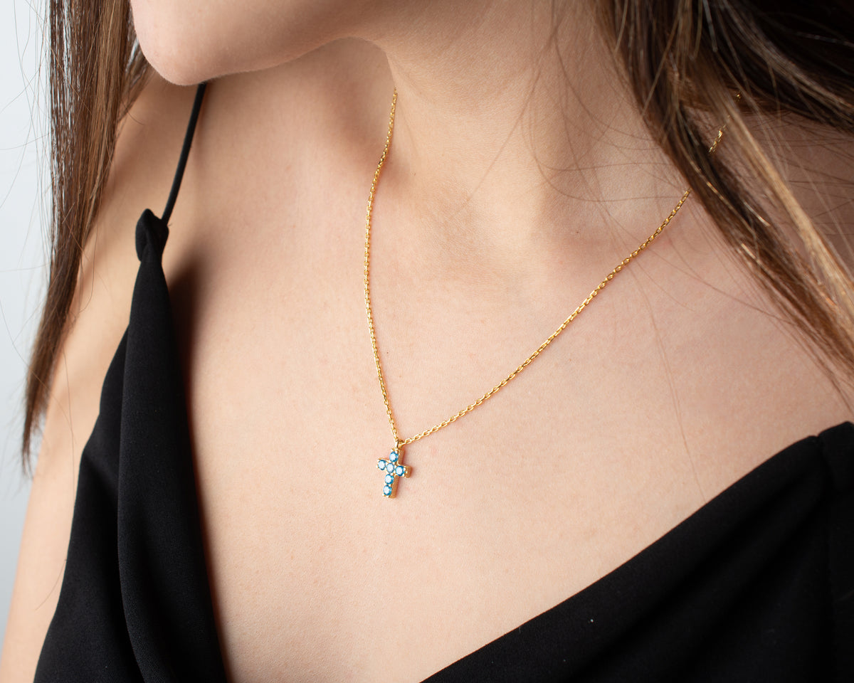 Delicate Pave Birthstone Cross Necklace
