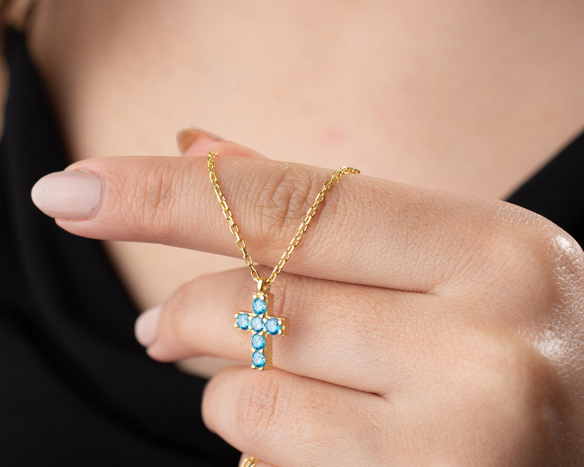 Delicate Pave Birthstone Cross Necklace