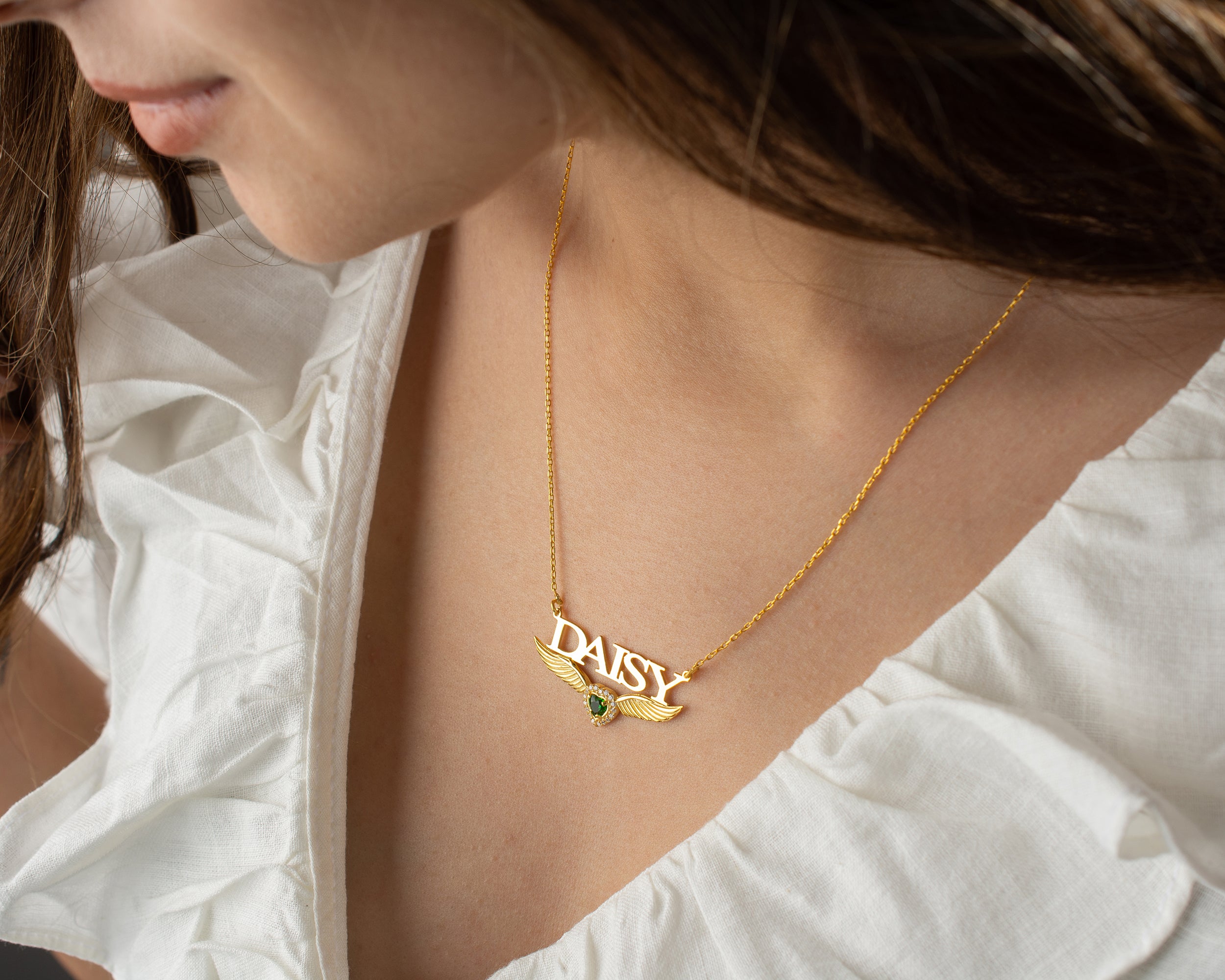 Custom Name Necklace with Angel Wings and Birthstone