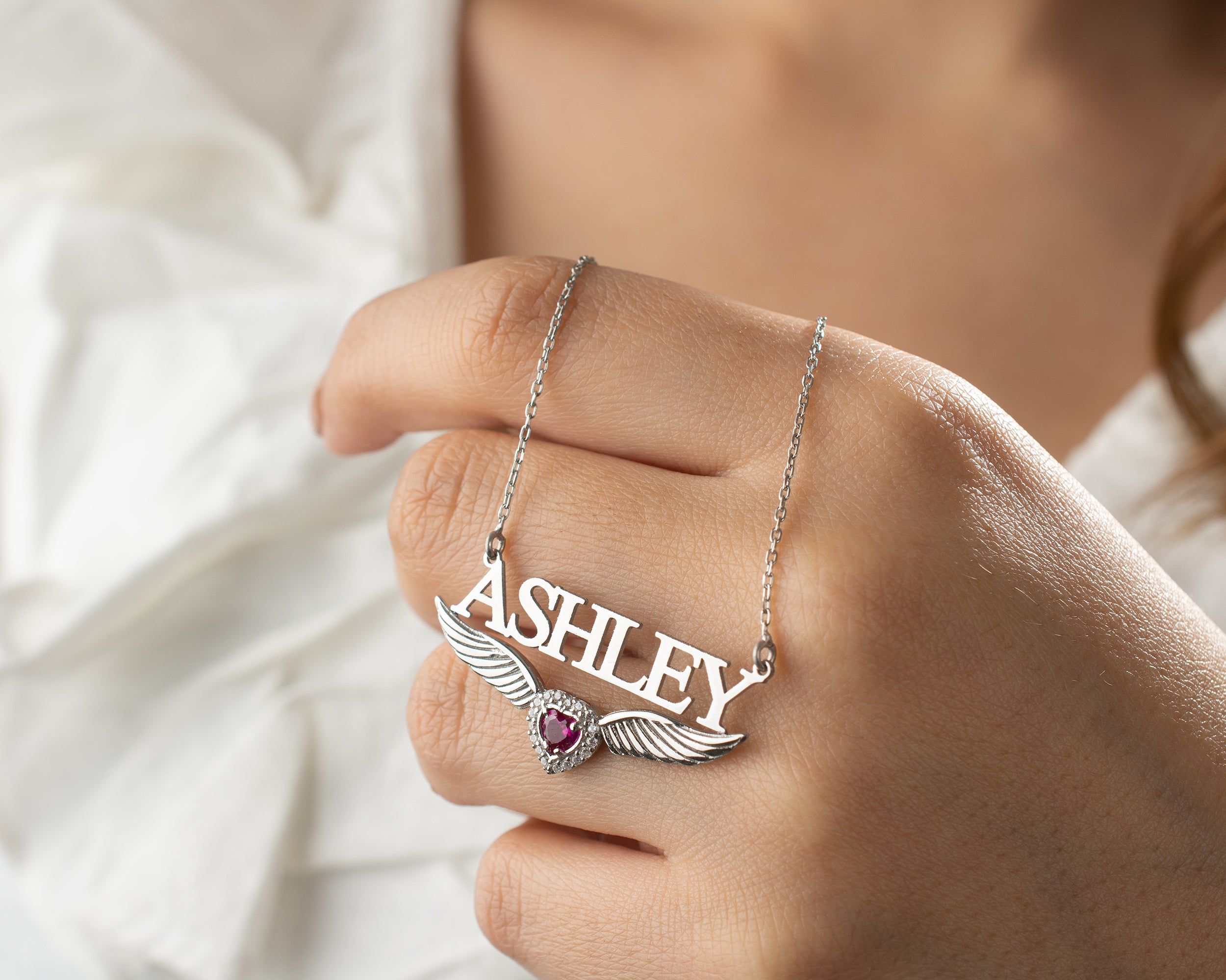 Custom Name Necklace with Angel Wings and Birthstone