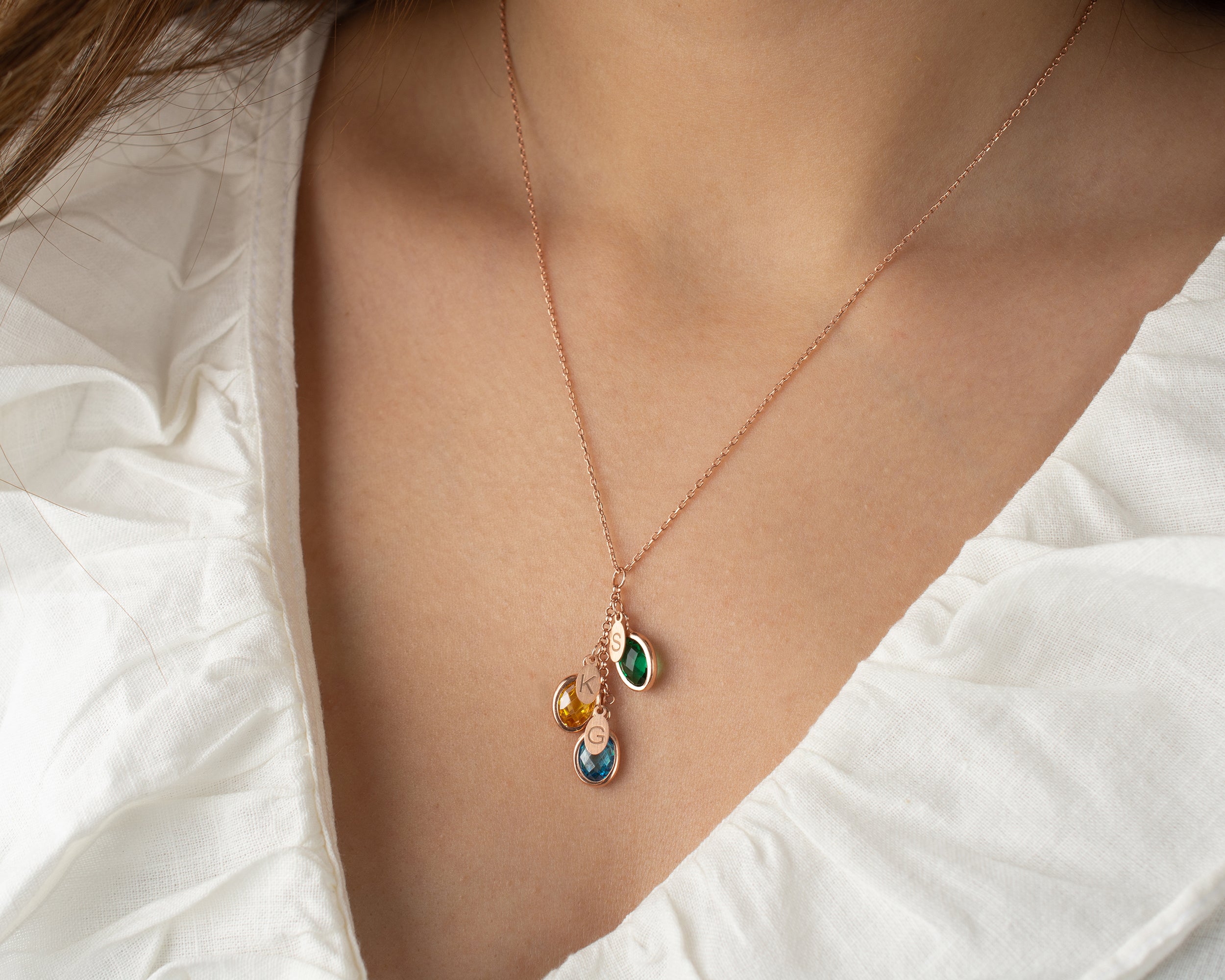 Custom Birthstone Initial Charm Necklace