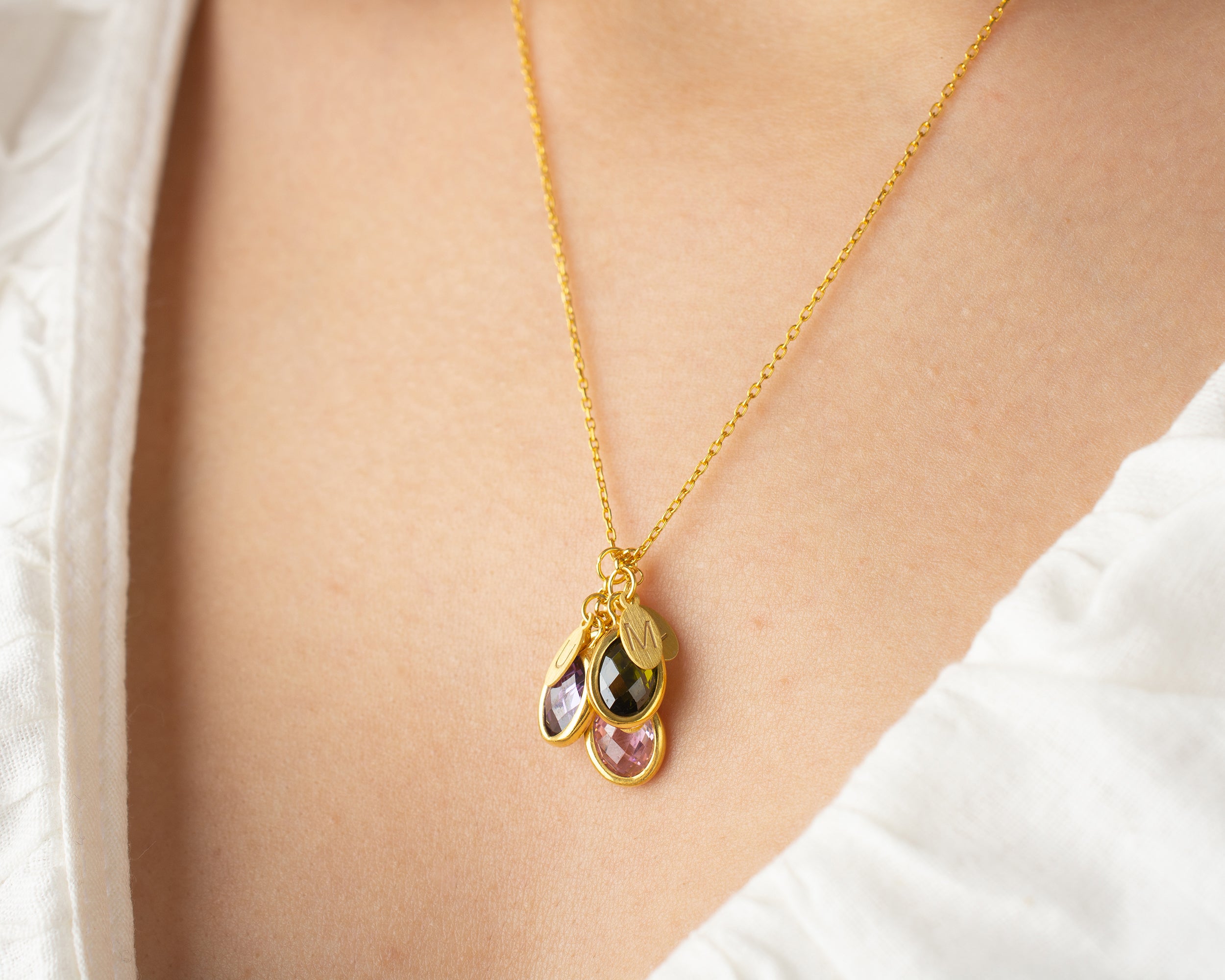 Custom Birthstone Initial Charm Necklace