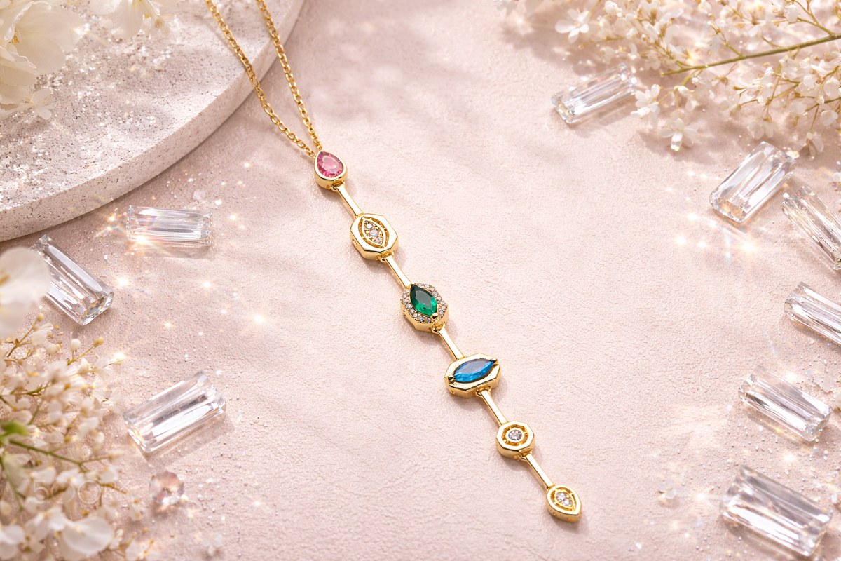 Multi Gemstone Vertical Drop Necklace