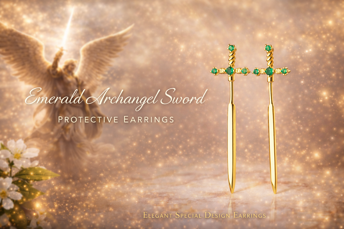 Emerald Green Sword Stud Earrings in Gold