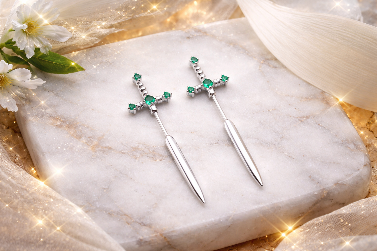 Emerald Green Sword Stud Earrings in Gold