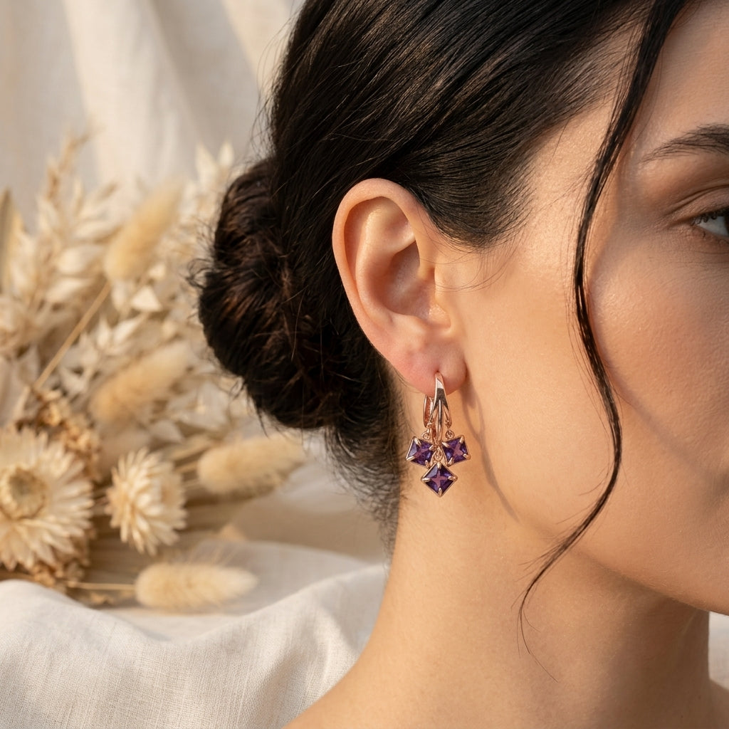 Amethyst Crystal Cluster Drop Earrings