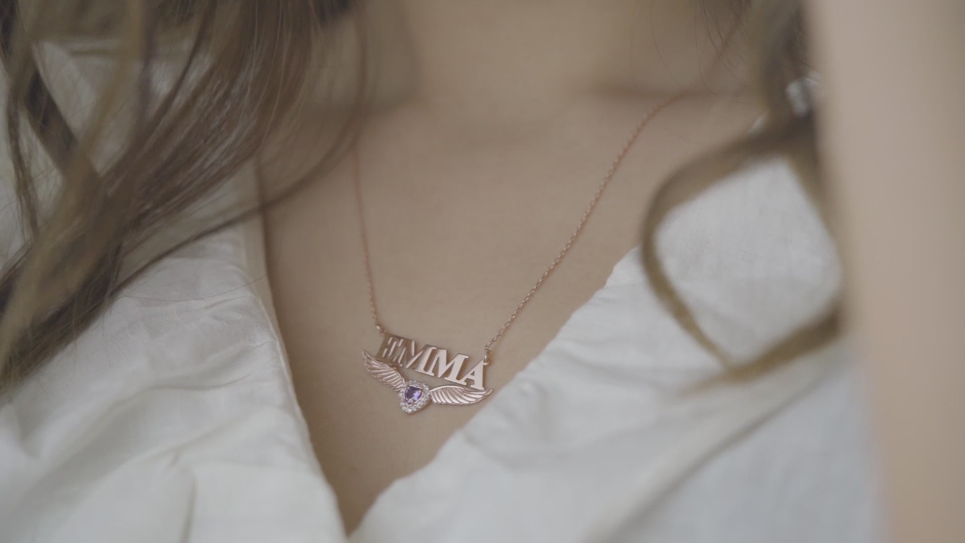Custom Name Necklace with Angel Wings and Birthstone