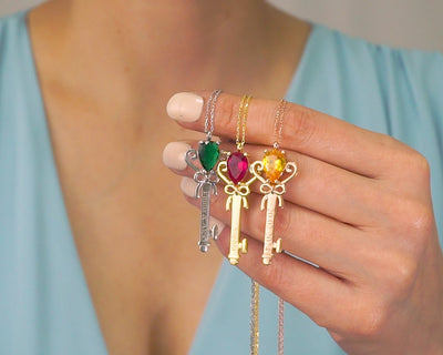 Custom Name Birthstone Key Necklace