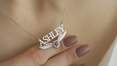 Angel Wing Name Necklace with Birthstone