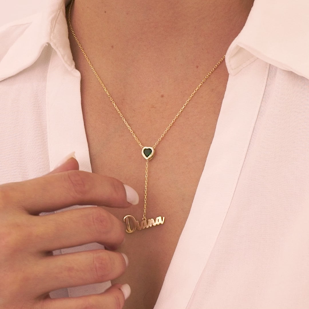 Heart Birthstone Necklace with Name Charm